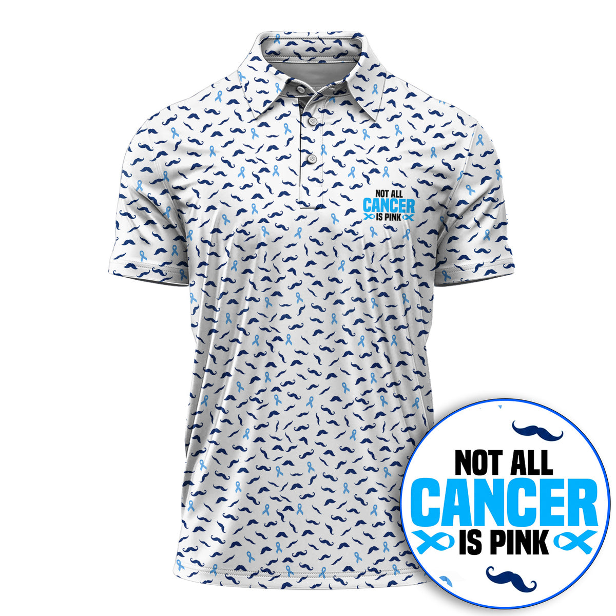 Prostate Cancer Awareness Golf Shirt, Blue Ribbon Mustache Pattern Golf Polos, Support Gift for Golfers