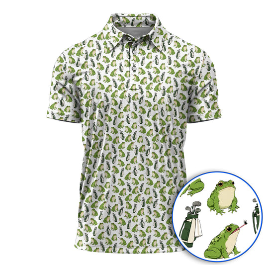 Cute Frog Golf Polos, Playful Frog & Golf Bag Pattern Shirt, Funny Golf Gift For Frog Lovers