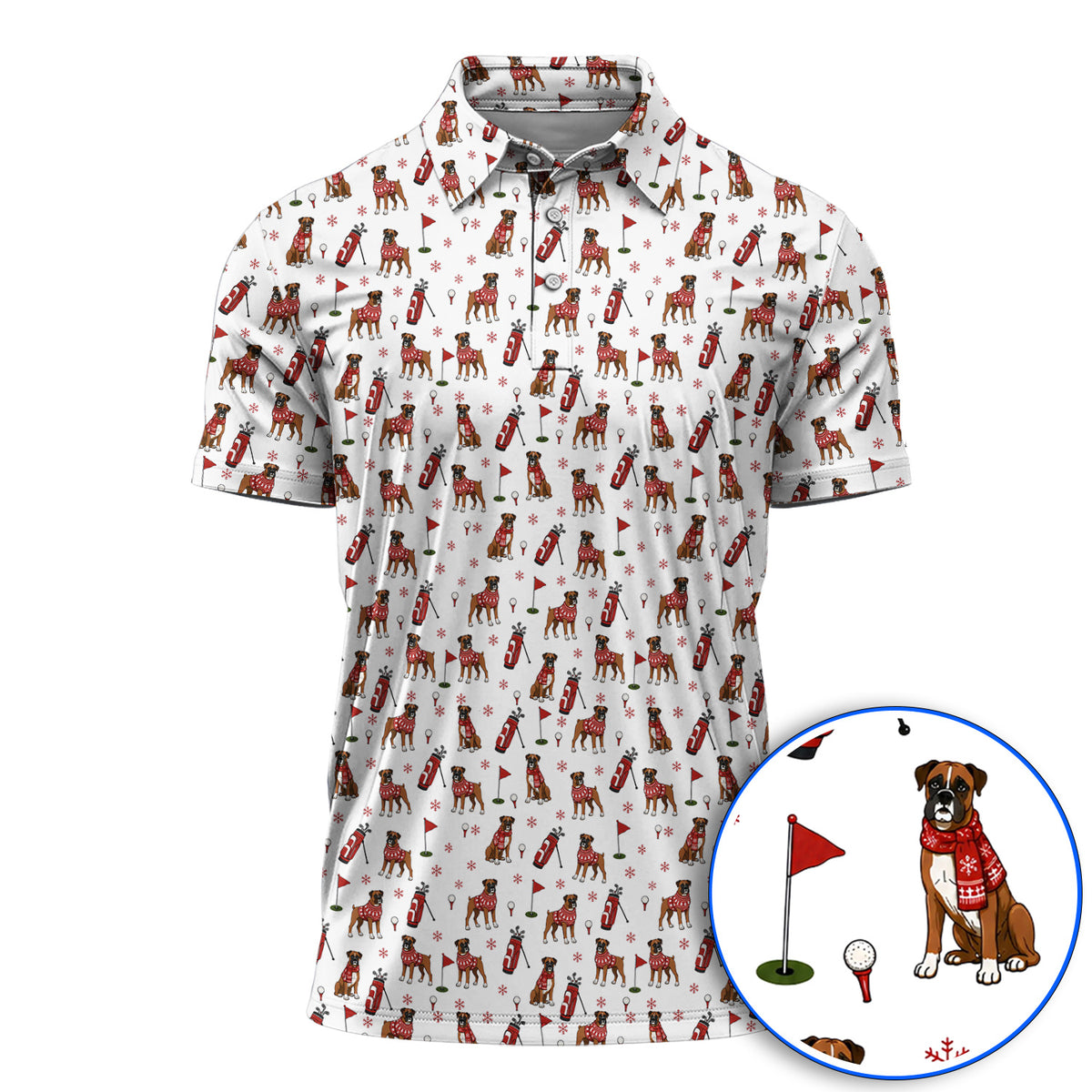 Boxer Christmas Golf Polos, Holiday Dog Pattern Golf Shirt, Festive Golf Gift for Golfers