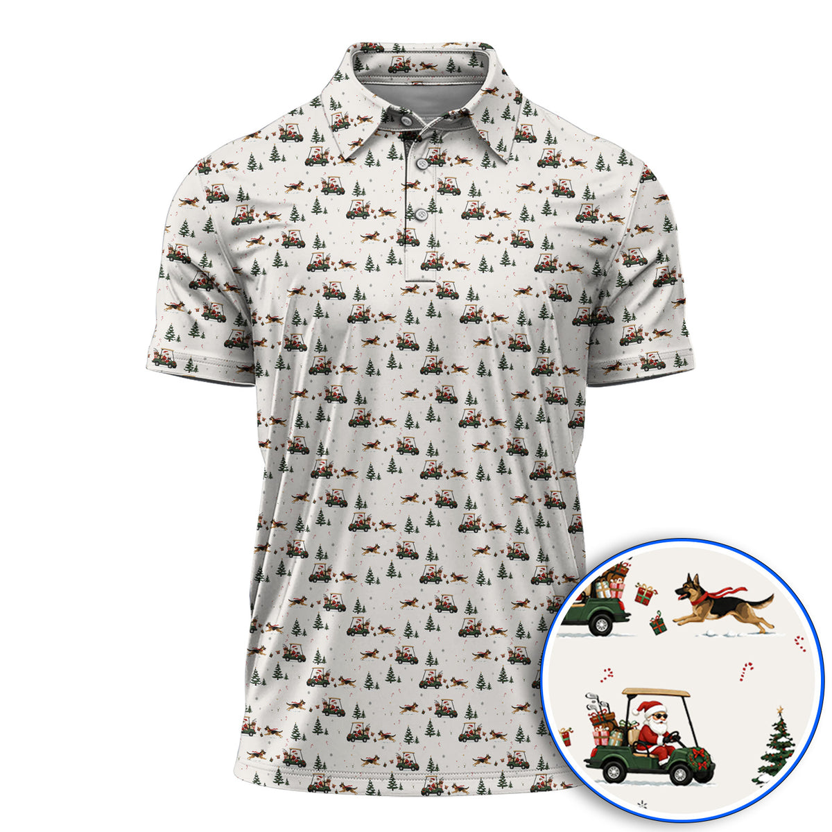 German Shepherd Pattern Golf Polos, German Christmas Golf Cart Shirt, Festive Golf Gift for Dog Lovers