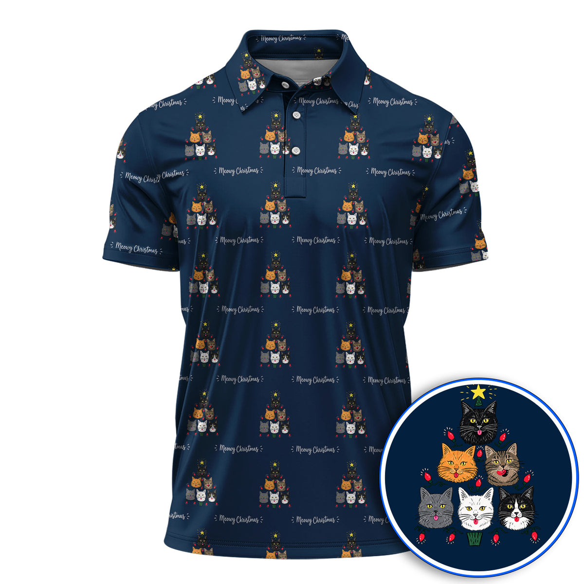 Meowy Christmas Cat Golf Polos, Festive Cat Christmas Pattern Golf Shirt, Xmas Golf Gift For Cat Lovers