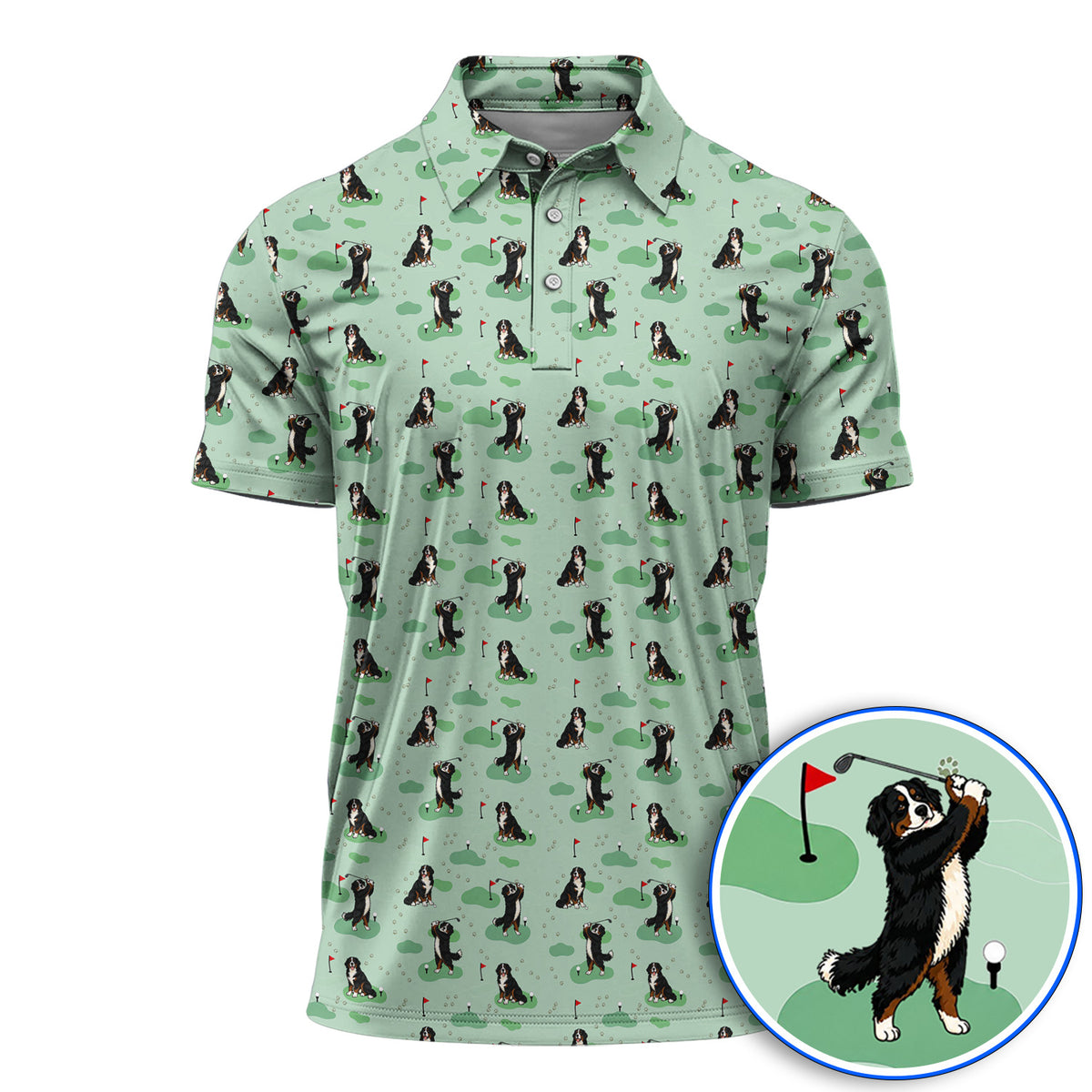 Bernese Mountain Pattern Golf Polos, Bernese Mountain Golf Shirt Fot Golfer, Funny Dog Golf Gift