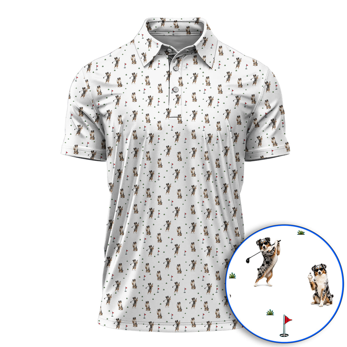Australian Shepherd Golf Polos, Blue Merle Aussie Pattern Golf Shirt, Golf Gift For Golfer