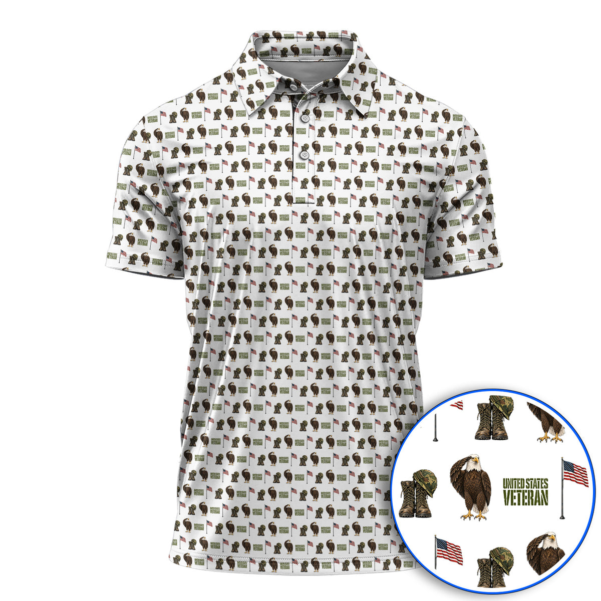 United States Veteran Pattern Golf Shirt, American Eagle & Military Tribute Golf Polos, Patriotic USA Veteran Gift for Golfers