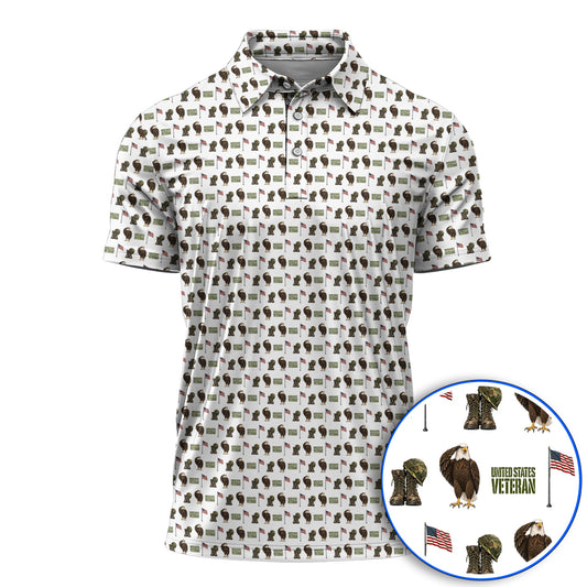United States Veteran Pattern Golf Shirt, American Eagle & Military Tribute Golf Polos, Patriotic USA Veteran Gift for Golfers
