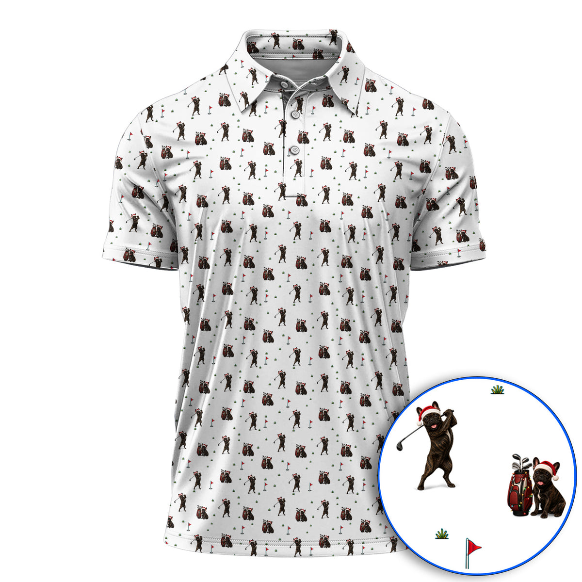 Christmas French BullDog Golfer Polos, Xmas French BullDog Golf Pattern Shirt, Holiday Golf Gift for Golfers