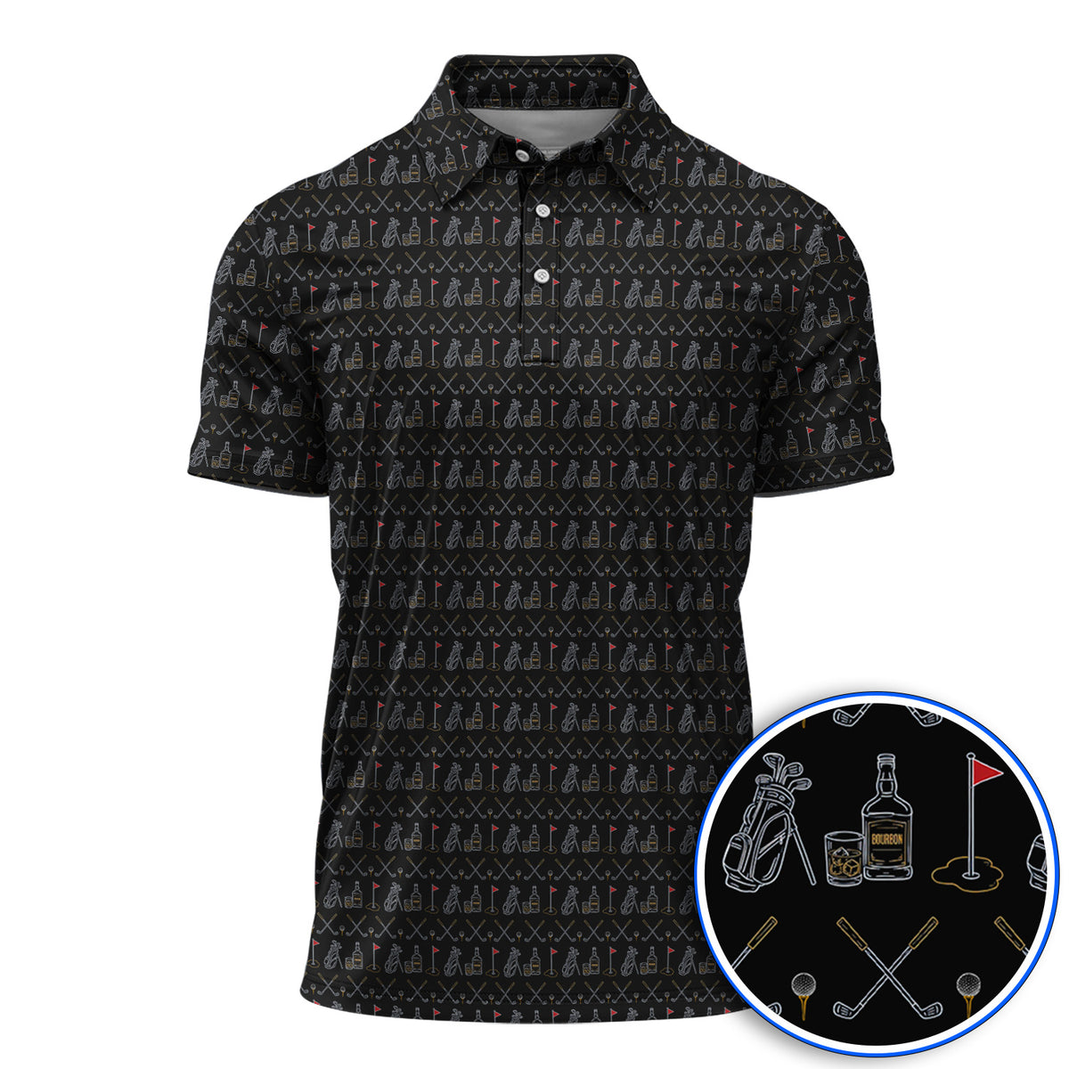 Bourbon Golf Shirt, Whiskey & Golf Club Pattern Polos, Classic Gift For Bourbon Loving Golfers