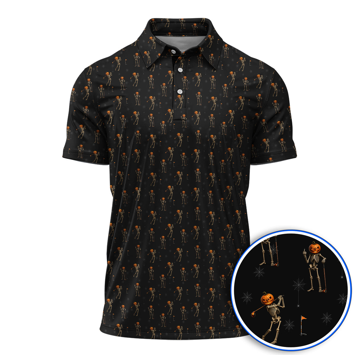 Halloween Skeleton Golf Polos, Pumpkin Head Pattern Golf Shirt, Funny Golf Gift for Golfer