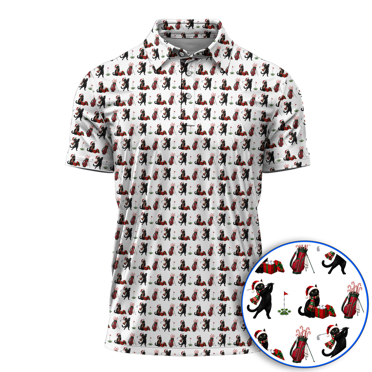 Black Cat Christmas Golf Polos, Festive Cat Patterm Golf Shirt, Funny Holiday Golf Gift For Golfer