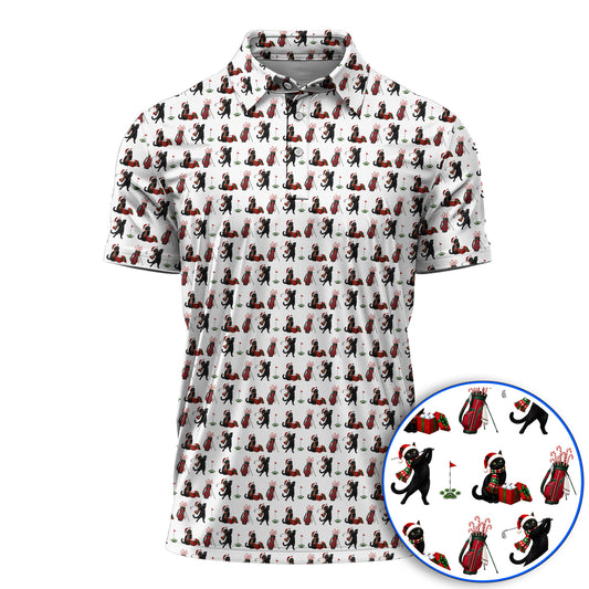 Black Cat Christmas Golf Polos, Festive Cat Patterm Golf Shirt, Funny Holiday Golf Gift For Golfer