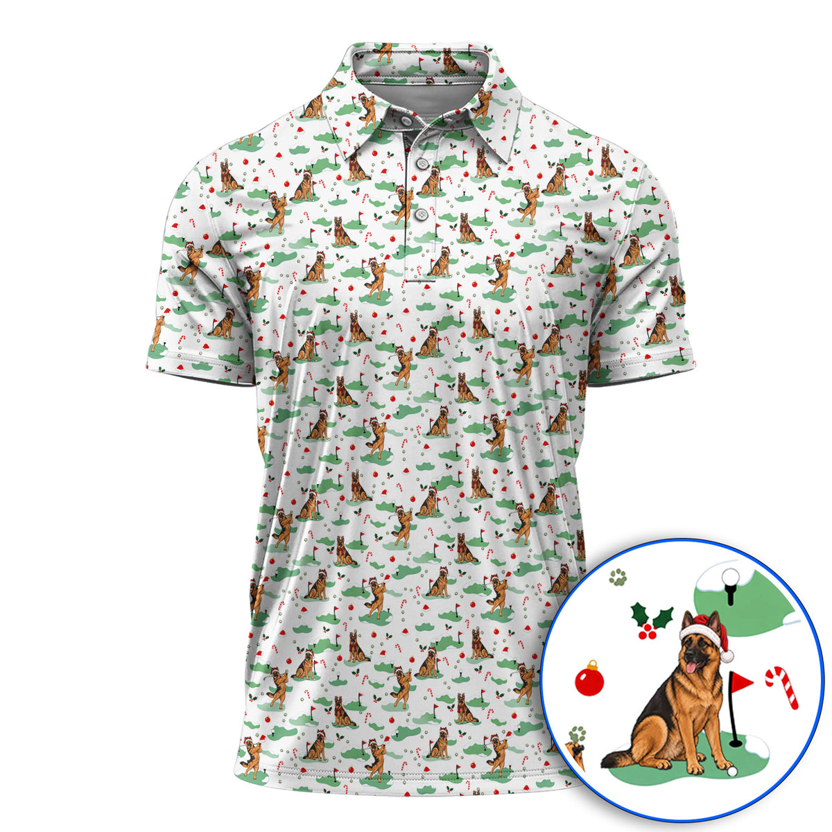 Funny German Shepherd Christmas Golf Shirt, German Shepherd Pattern Golf Polos, Xmas Golf Gift for Golfers
