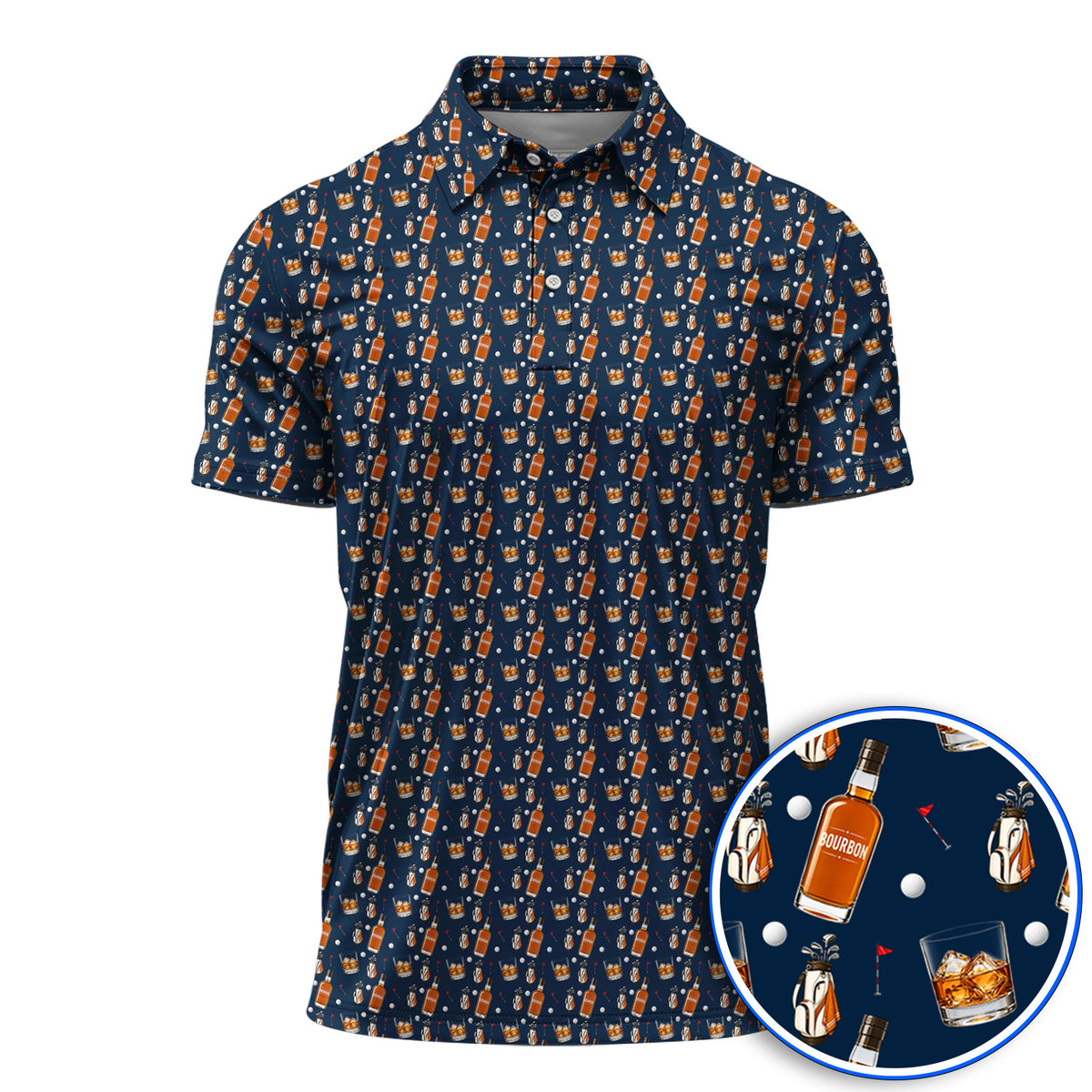 Bourbon Whiskey Golf Polos, Golf & Bourbon Pattern Shirt, Unique Gift For Whiskey Loving Golfers