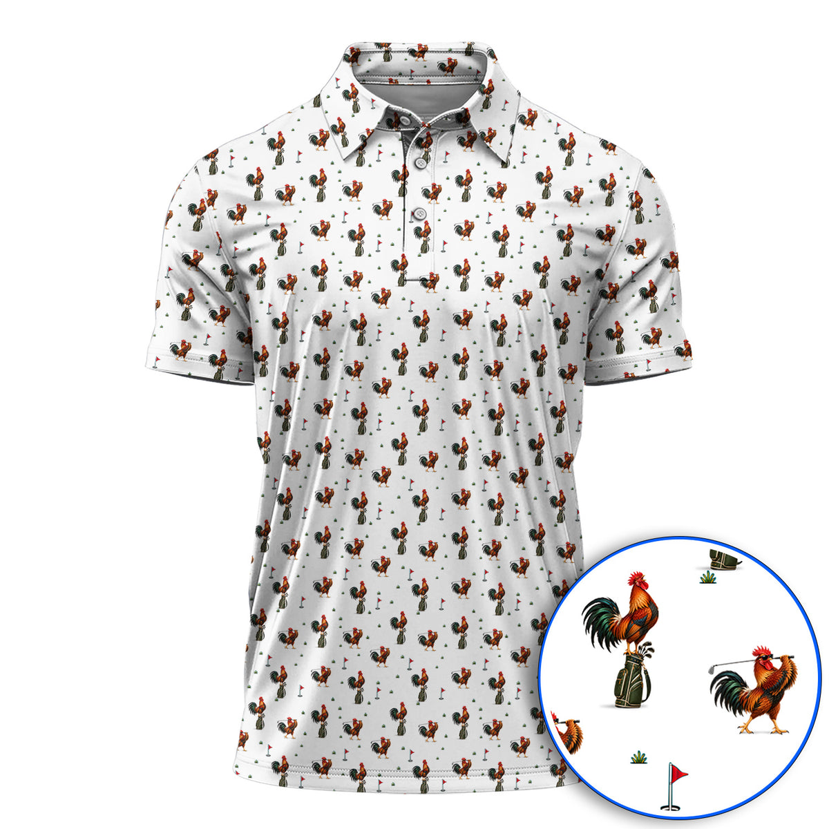 Rooster Golf Swing Shirt, Rooster Pattern Golf Polos For Chicken Lovers, Crazy Golf Gift For Golfers