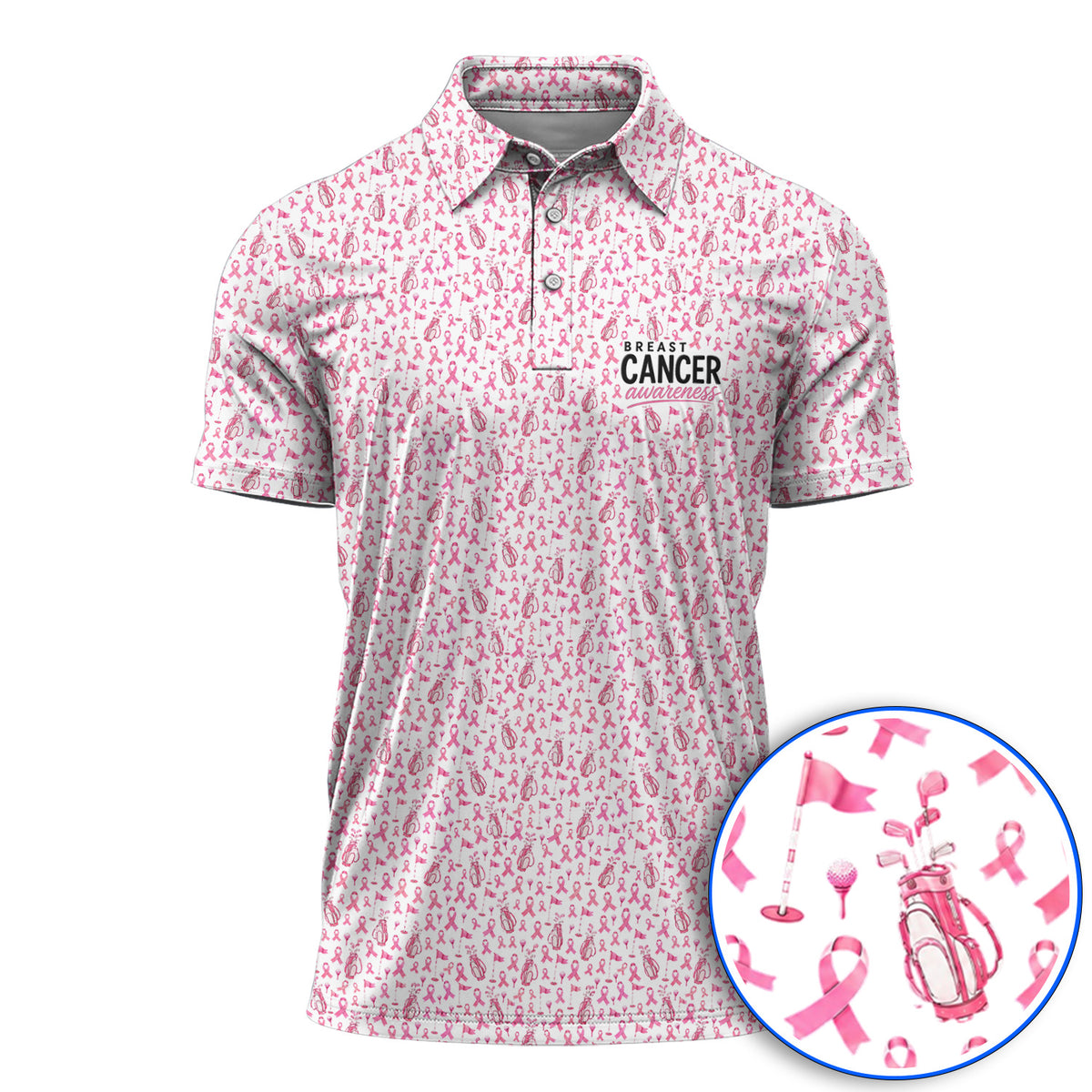 Breast Cancer Awareness Golf Polos, Pink Ribbon Golf Bag Pattern Shirt, October Golf Gift for Golfer