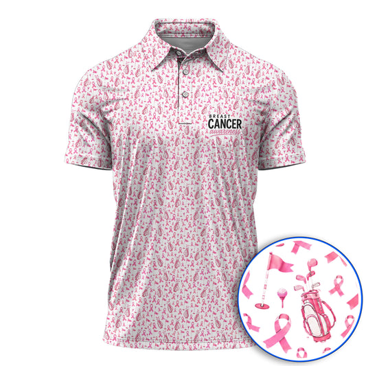 Breast Cancer Awareness Golf Polos, Pink Ribbon Golf Bag Pattern Shirt, October Golf Gift for Golfer