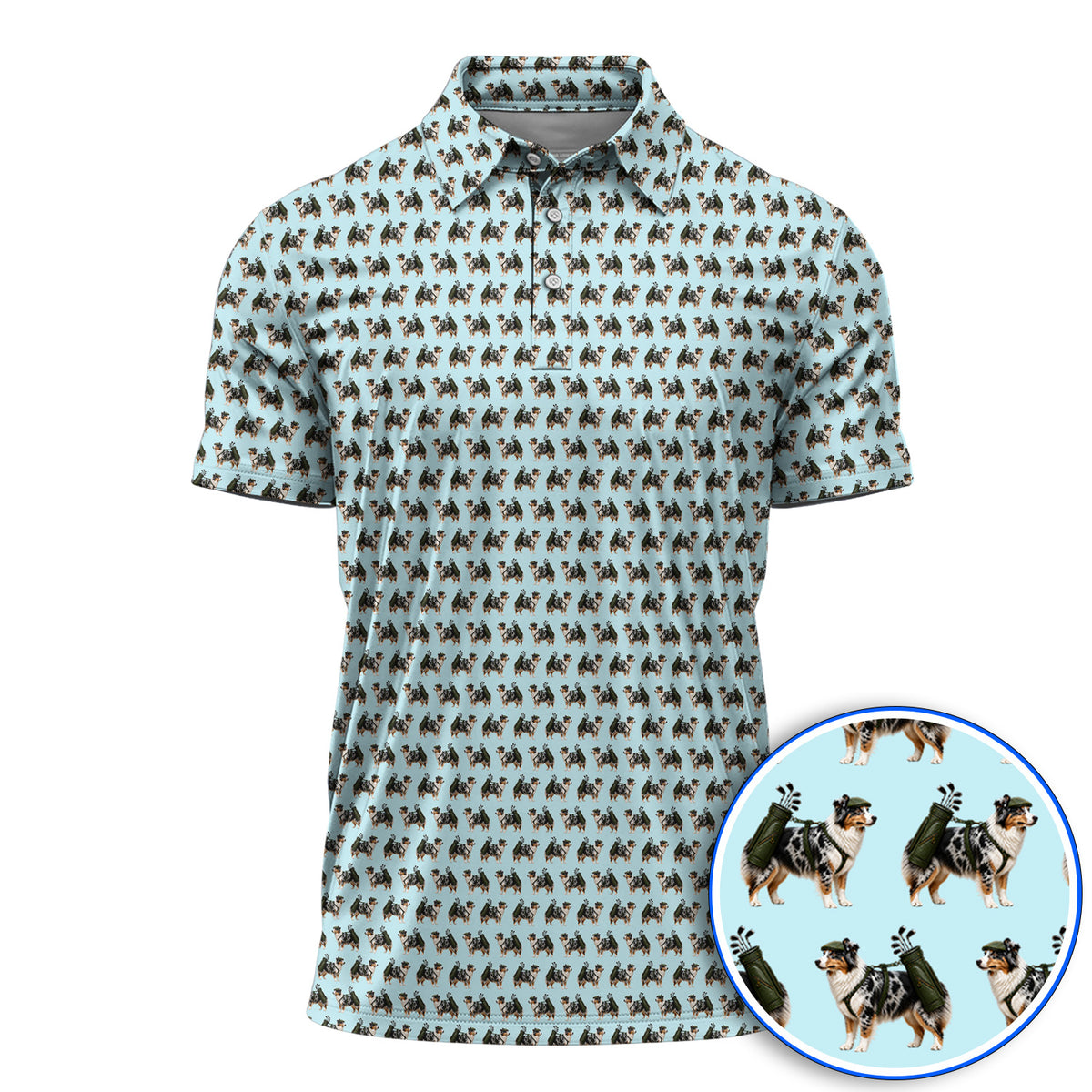 Funny Australian Shepherd Golf Polos, Blue Merle Aussie Pattern Golf Shirt, Golf Gift For Golfer