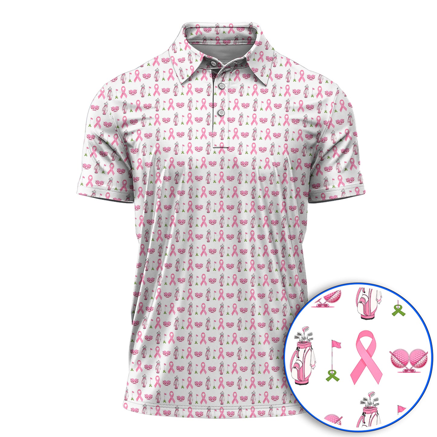 Breast Cancer Pattern Golf Polos, Pink Ribbon Golf Shirt for Golf Lovers, Support Breast Cancer Awareness Gift
