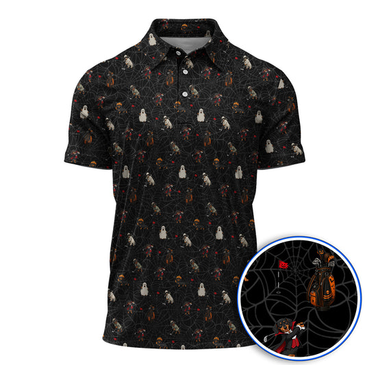 Spooky Dachshund Pattern Golf Polos, Halloween Vampire Wiener Dog Shirt, Crazy Golf Gift For Golfer