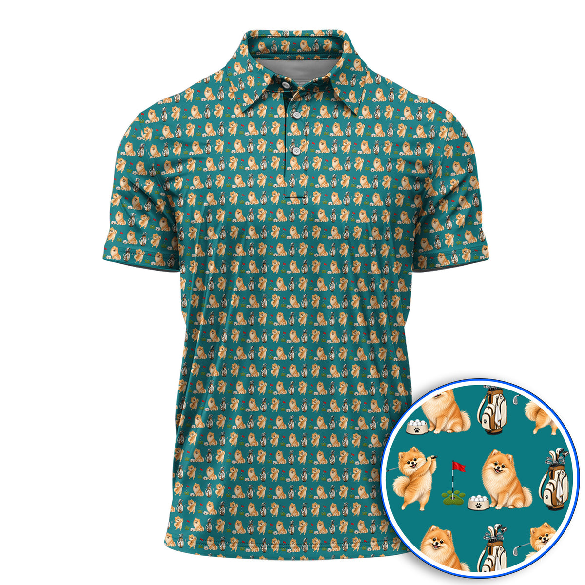 Pomeranian Pattern Golf Polos, Pomeranian Dog Golf Shirt, Golf Gift For Golfer