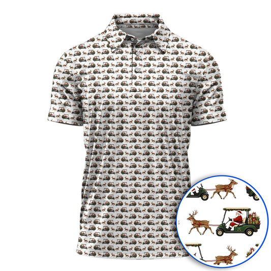 Santa Reindeer Golf Cart Polos, Xmas Pattern Golf Shirt, Crazy Christmas Golf Gift