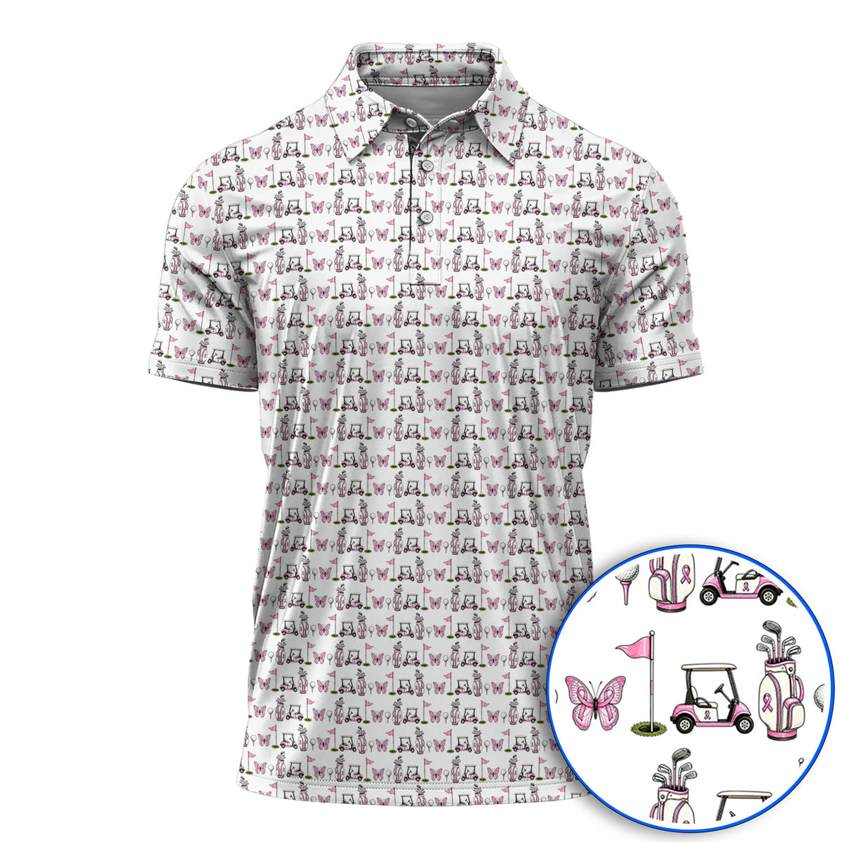 Pink Ribbon Fairway Golf Polos, Breast Cancer Support Golf Cart & Butterfly Pattern Shirt, Awareness Gift for Golfers