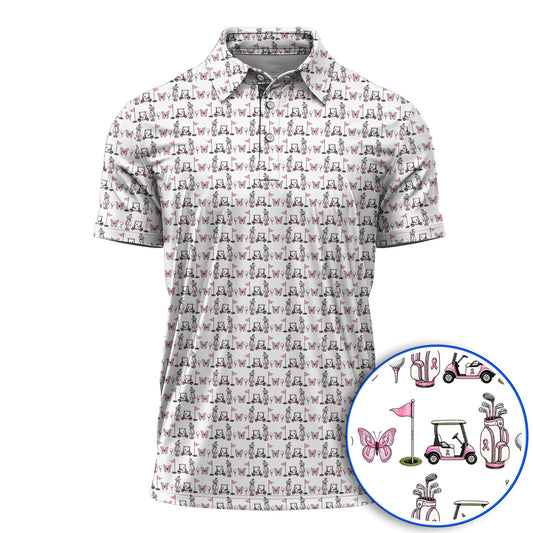 Pink Ribbon Fairway Golf Polos, Breast Cancer Support Golf Cart & Butterfly Pattern Shirt, Awareness Gift for Golfers