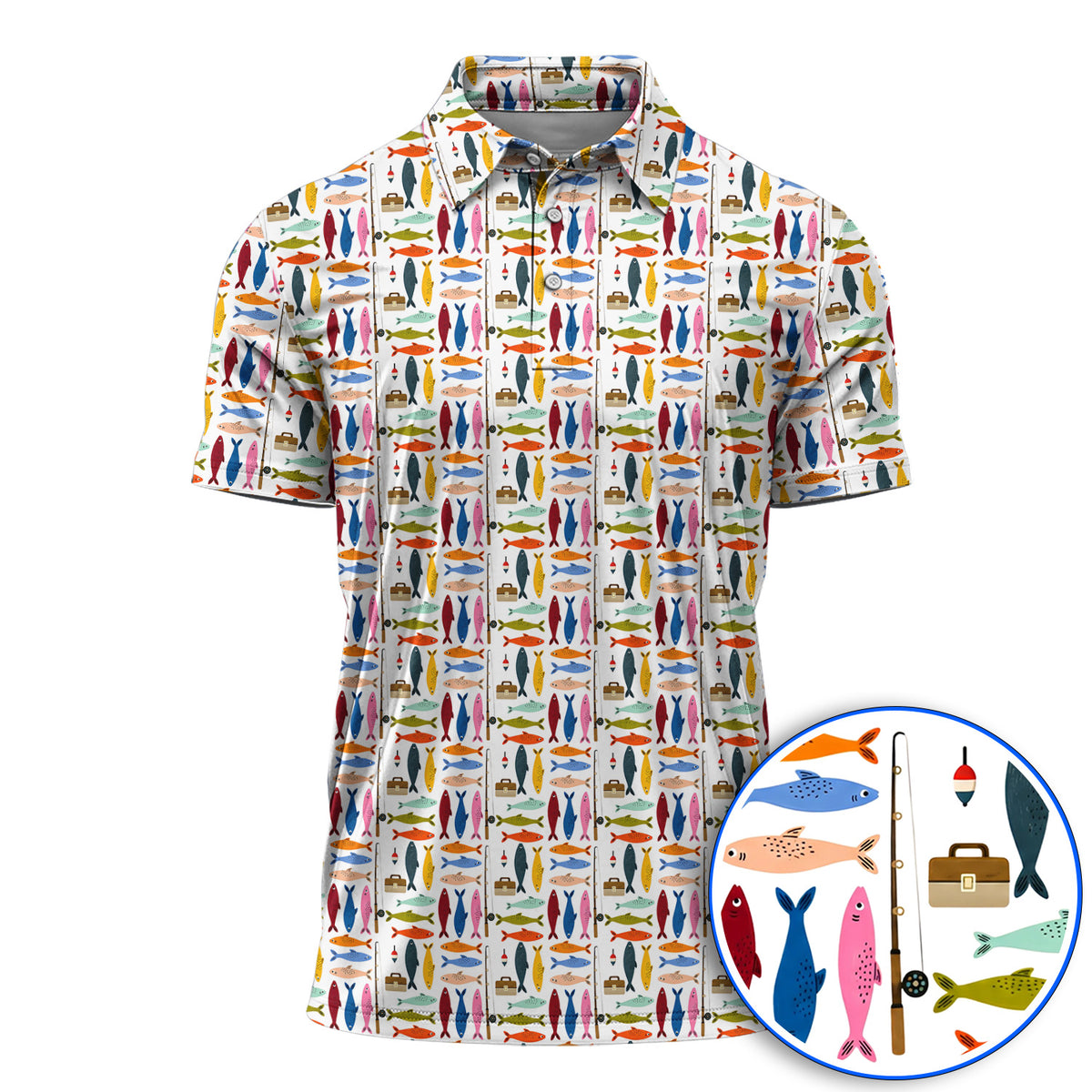 Colorful Fish Pattern Golf Polos, Fishing Rod Pattern Golf Polos, Crazy Golf Gift For Anglers and Fishermen