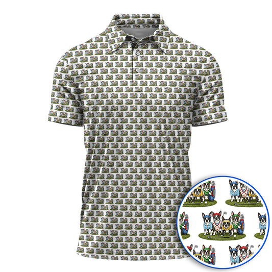Boston Terrier Golf Pattern Polos, Funny Golfing Boston Terrier Shirt, Dog Lover Golf Gift