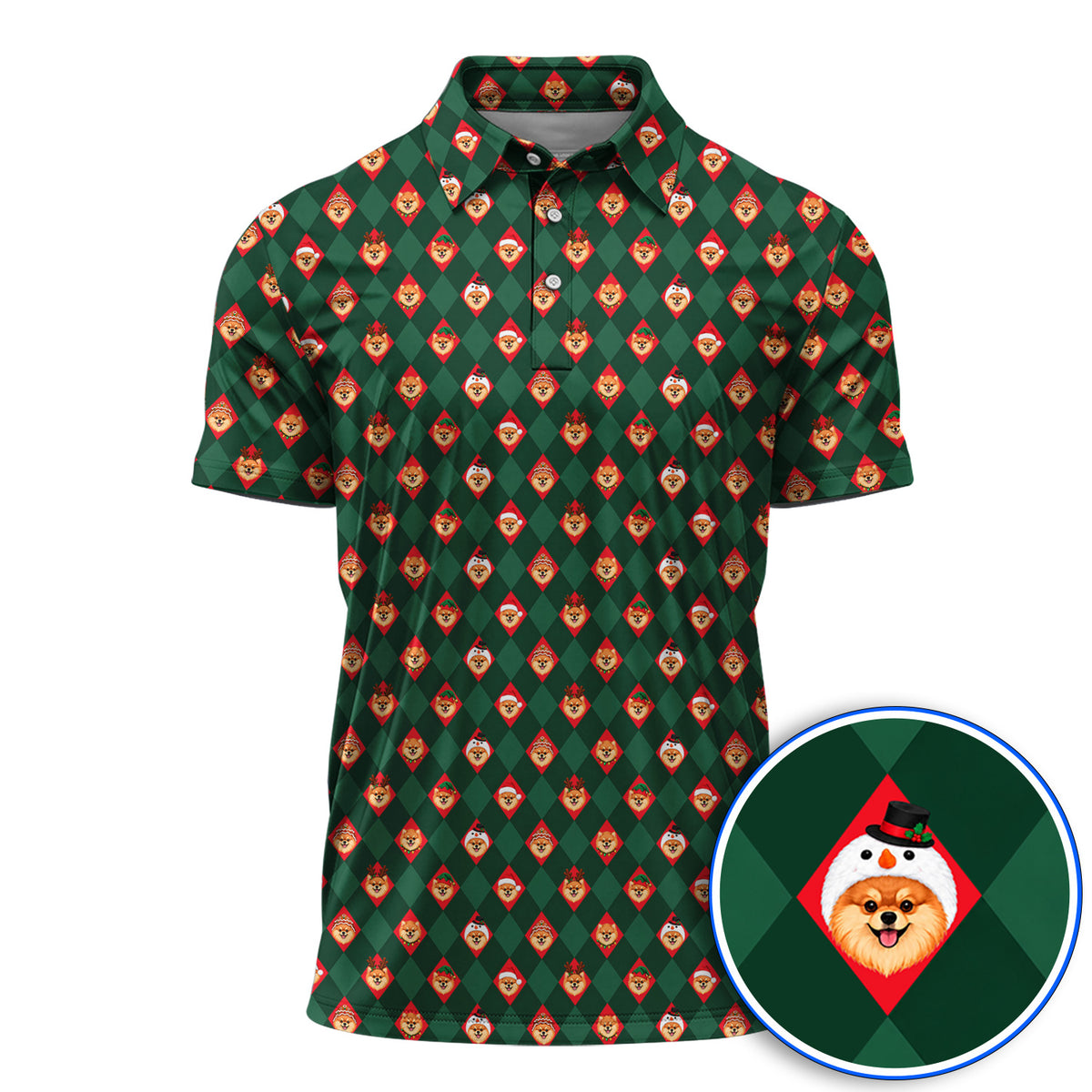 Christmas Pomeranian Golf Polos, Green Argyle & Santa Dog Pattern Golf Shirt, Xmas Golf Gift For Golfer