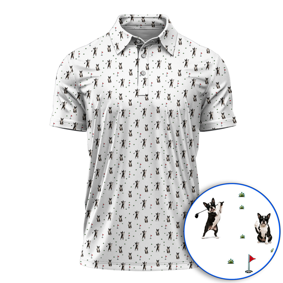 Boston Terrier Pattern Golf Shirt, Crazy Boston Terrier Golf Polos, Golf Gift For Golfer