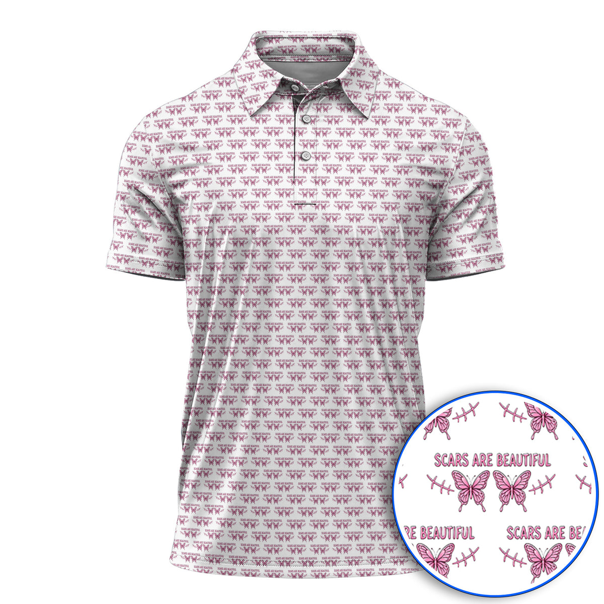 Scars Are Beautiful Breast Cancer Awareness Golf Polos, Pink Butterfly Survivor Pattern Shirt, Inspirational Golf Gift for Golfer