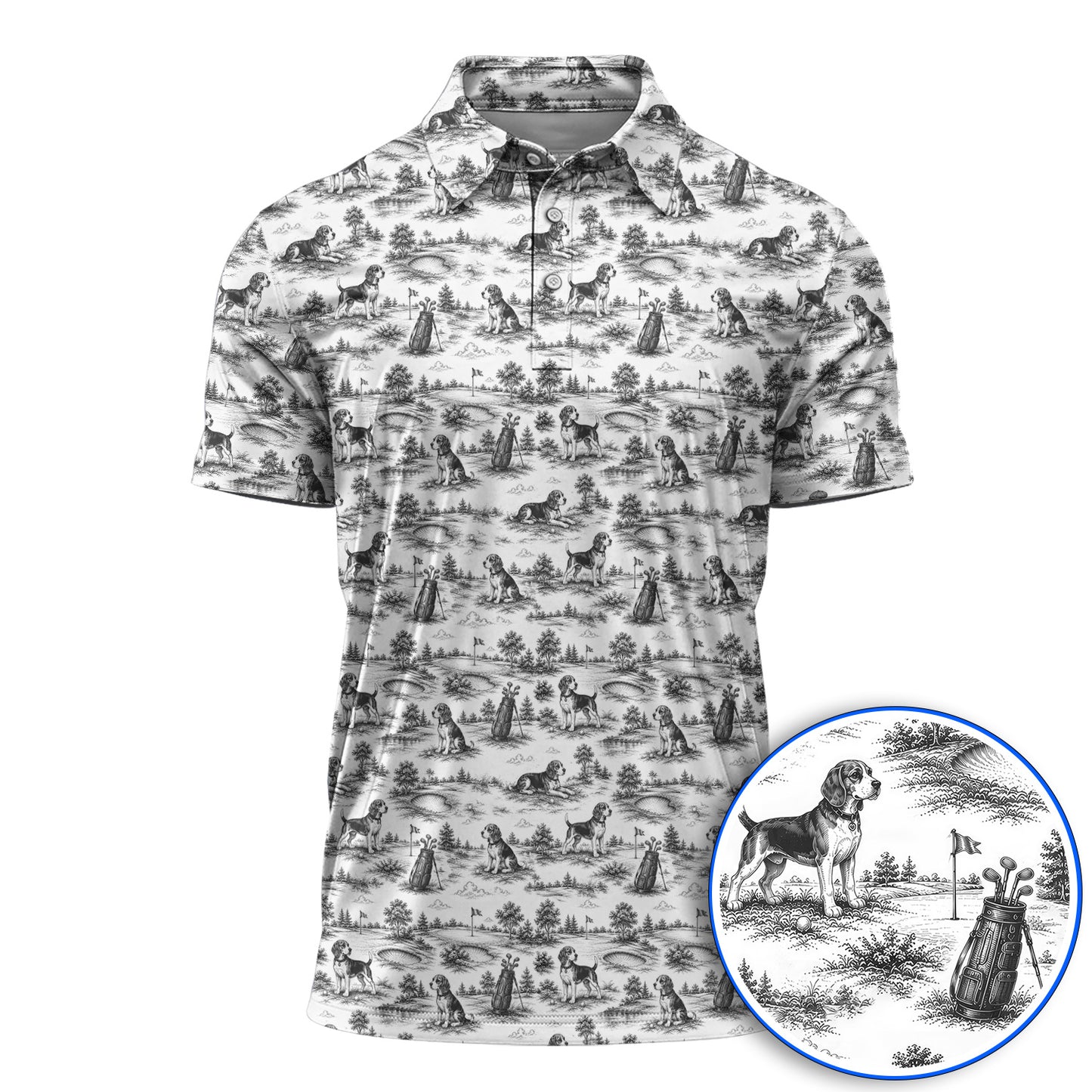 Beagle Toile De Jouy Golf Shirt, Vintage Dog Pattern Golf Polos, Beagle Lover Golf Gift