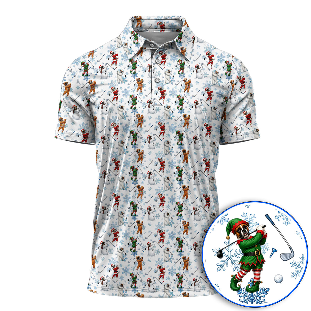 Boxer Christmas Pattern Golf Polos, Funny Holiday Boxer Golfer Shirt, Christmas Golf Gift for Dog Lovers