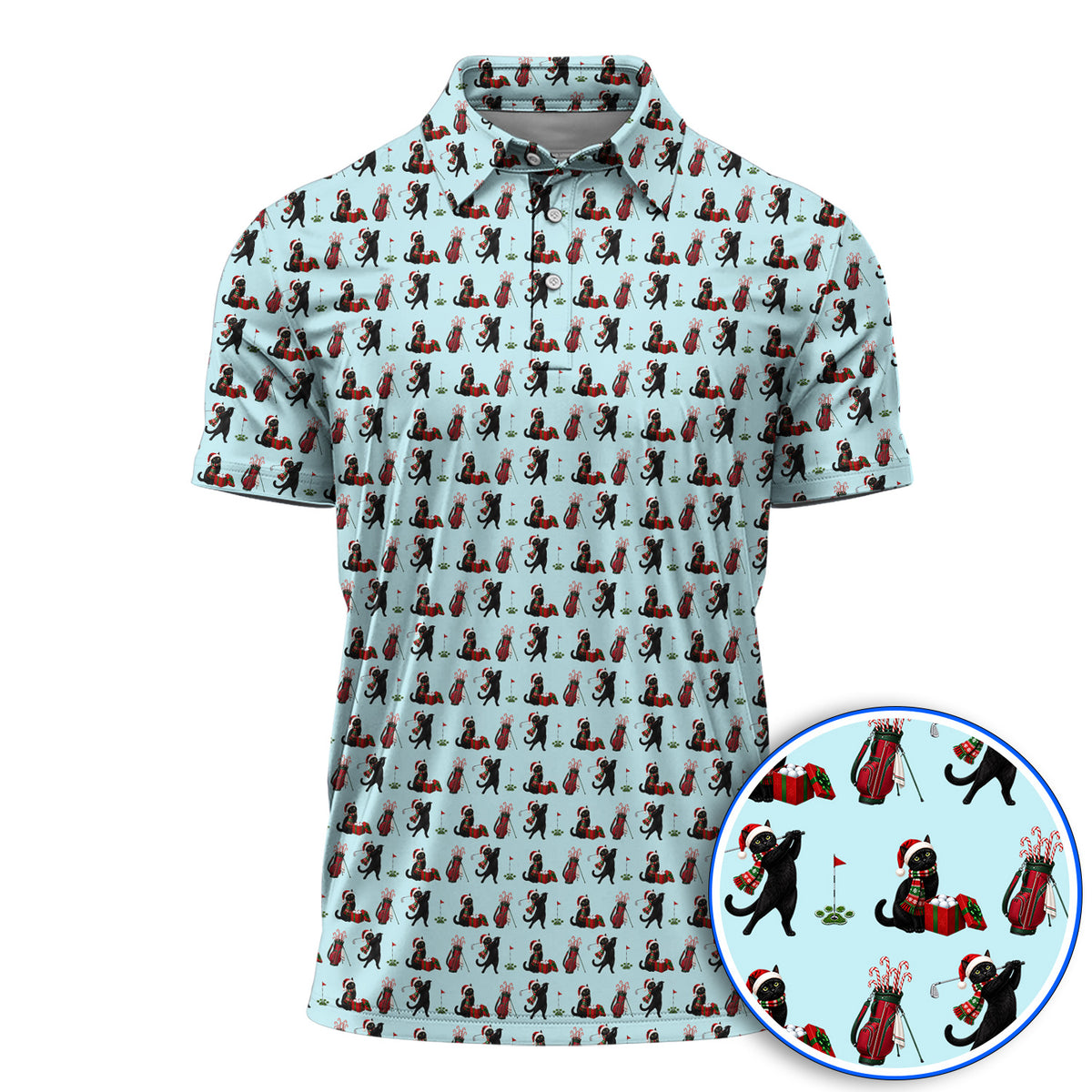 Black Cat Christmas Golf Polos, Festive Cat Patterm Golf Shirt, Funny Holiday Golf Gift For Golfer