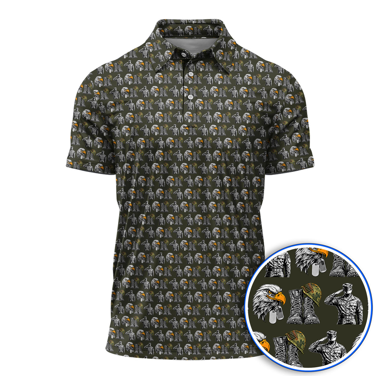 Veteran Eagle Golf Shirt, Military Soldier & Army Tribute Pattern Golf Polos, Patriotic Veterans Day Golf Gift for Golfer