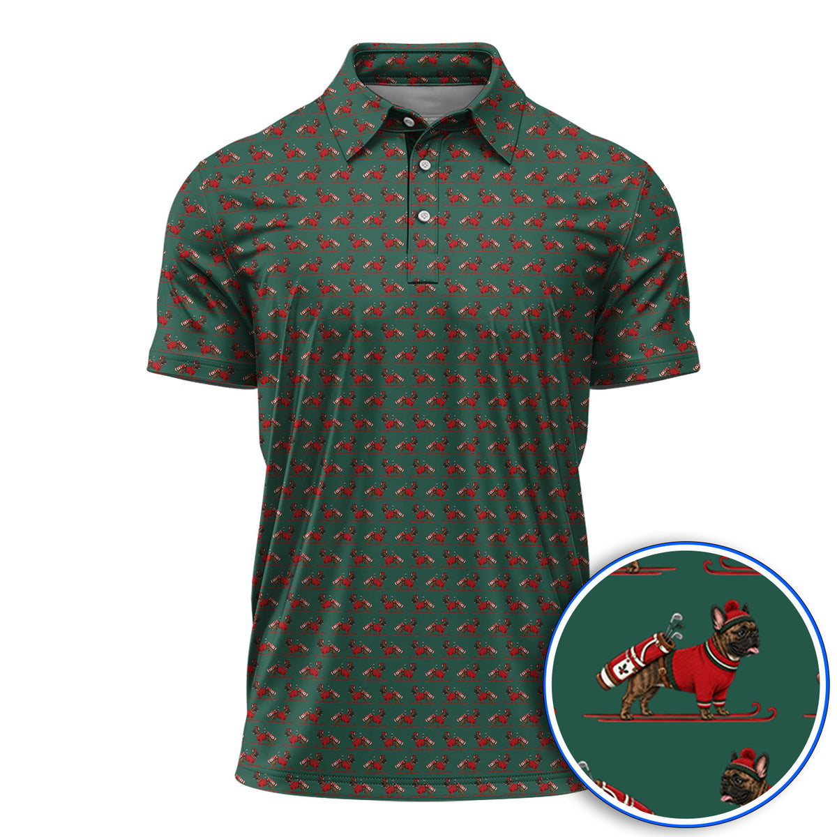 French Bulldog Holiday Golf Polos, Christmas Dog Pattern Golf Shirt, Festive Golf Gift for Golfers