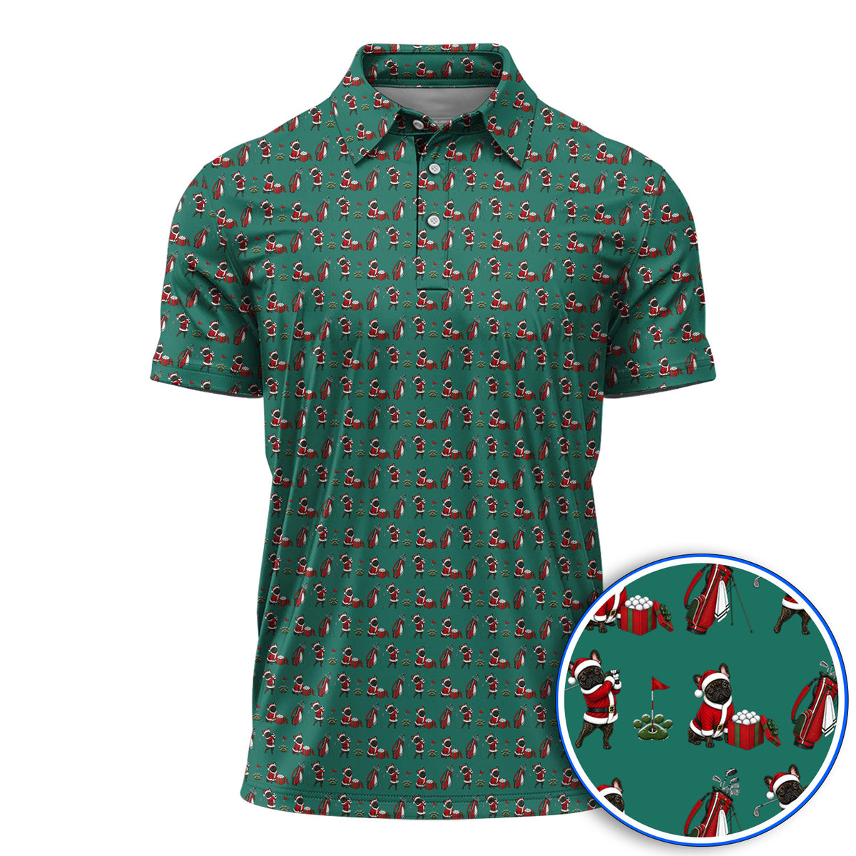 Christmas French BullDog Pattern Golf Polos, Funny Santa French BullDog Holiday Golf Shirt, Xmas Golf Gift For Golfers
