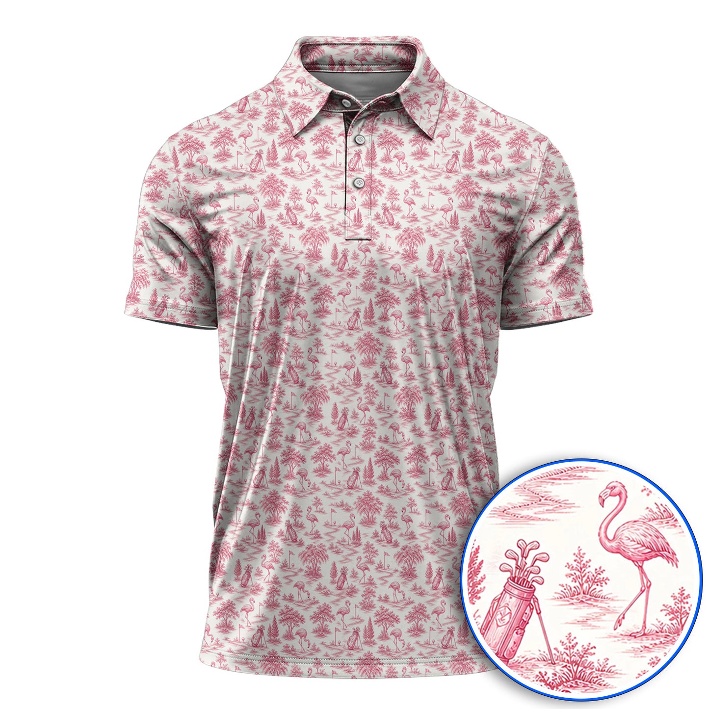 Toile De Jouy Flamingo Pattern Golf Shirt, Crazy Pink Golf Polos, Golf Gift For Golfer