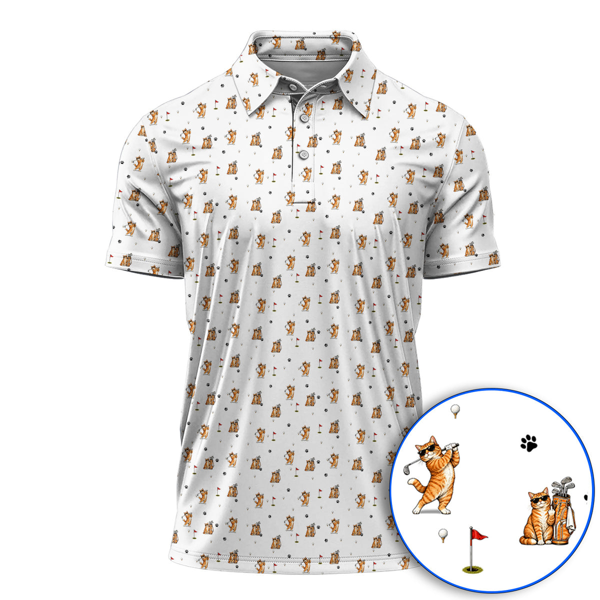 Funny Golf Cat Shirt, Orange Tabby Cat Playing Golf Pattern Polos, Golf Gift For Golfers