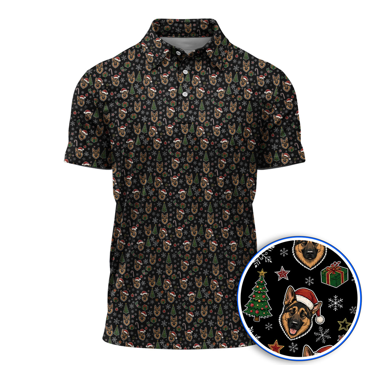 Funny German Shepherd Christmas Golf Shirt, German Shepherd Pattern Golf Polos, Xmas Golf Gift For Golfer