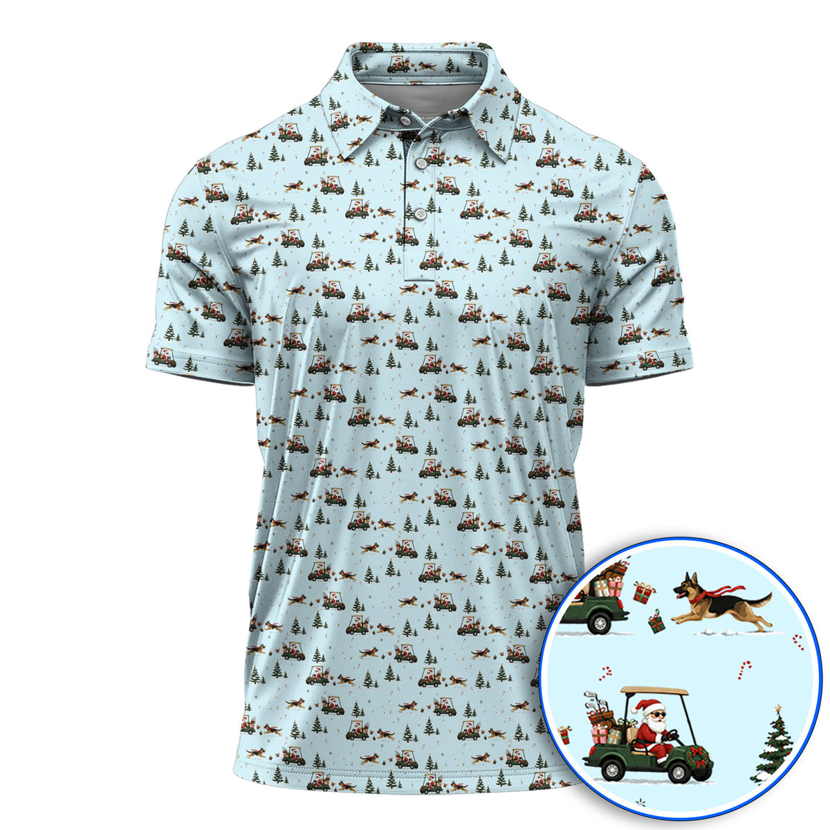 German Shepherd Pattern Golf Polos, German Christmas Golf Cart Shirt, Festive Golf Gift for Dog Lovers