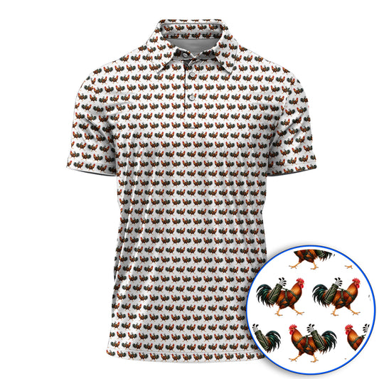 Rooster Pattern Golf Polos, Rooster Golf Shirt For Chicken Lovers, Golf Gift For Golfer