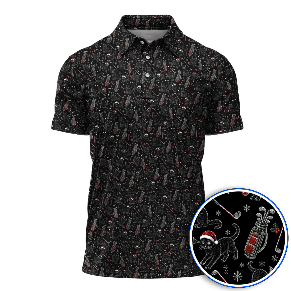 Funny Black Cat Christmas Golf Polos, Holiday Pattern Golf Shirt, Xmas Golf Gift For Golfers