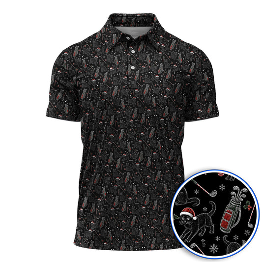 Funny Black Cat Christmas Golf Polos, Holiday Pattern Golf Shirt, Xmas Golf Gift For Golfers