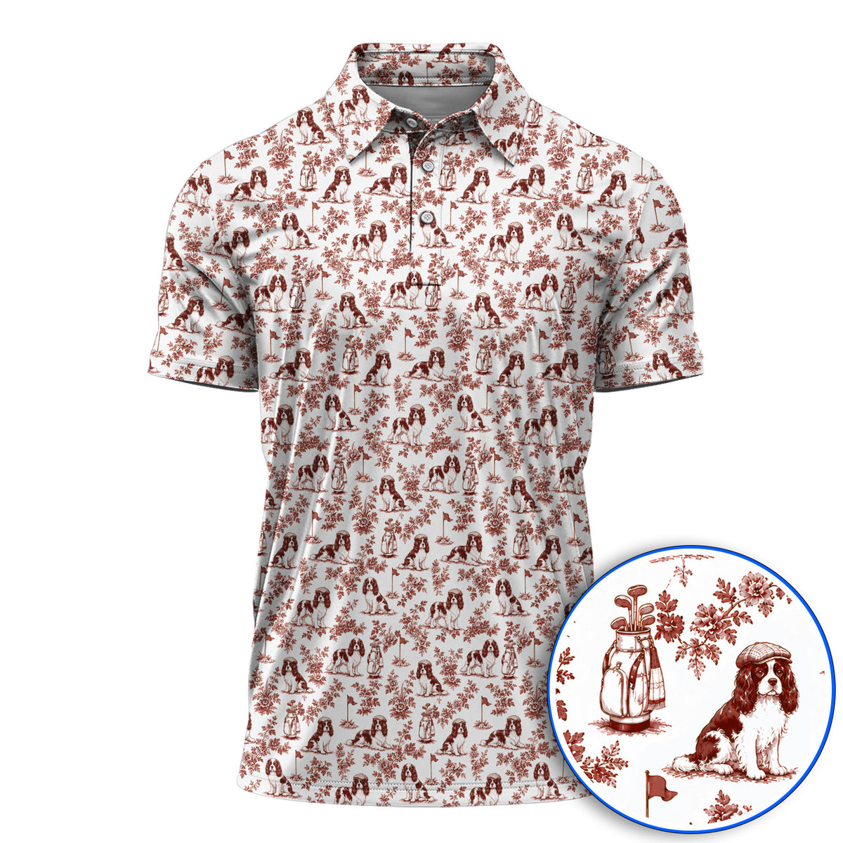 Funny Cavalier King Charles Spaniel Golf Polos, Toile de Jouy Cavalier Pattern Golf Shirt, Golf Gift For Golfer