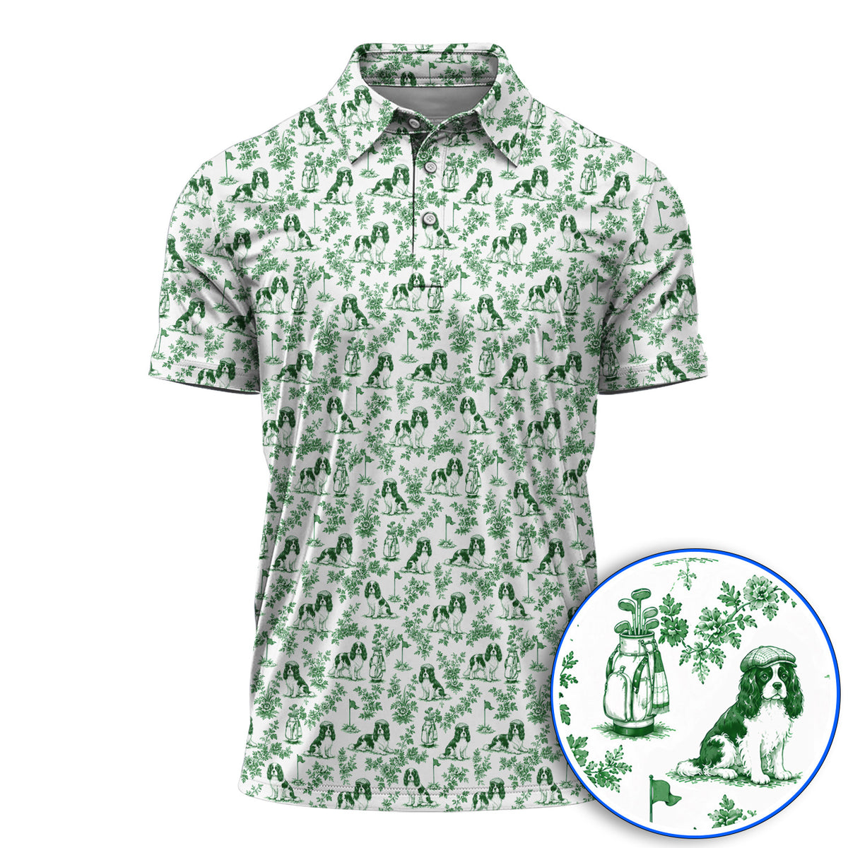 Funny Cavalier King Charles Spaniel Golf Polos, Toile de Jouy Cavalier Pattern Golf Shirt, Golf Gift For Golfer