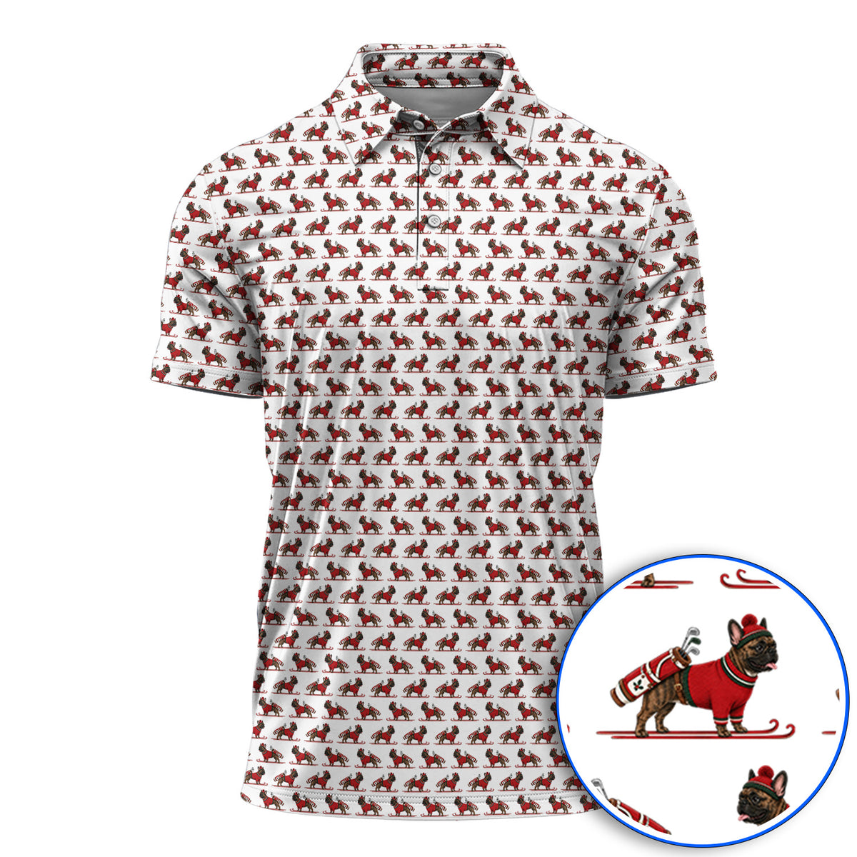 French Bulldog Holiday Golf Polos, Christmas Dog Pattern Golf Shirt, Festive Golf Gift for Golfers
