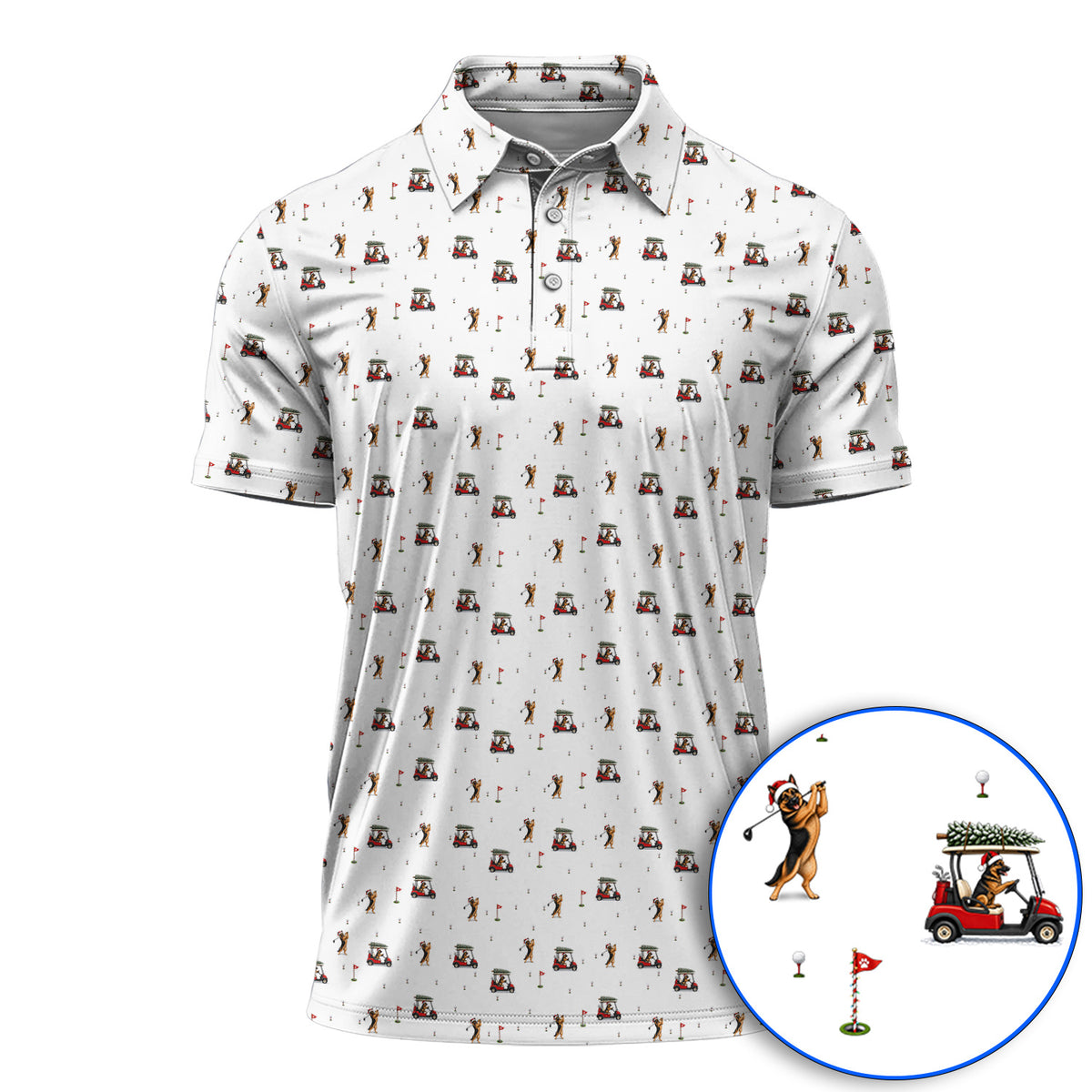 Crazy German Shepherd Christmas Pattern Golf Polos, German Shepherd Golf Cart Shirt, Holiday Golf Gift for Golfers