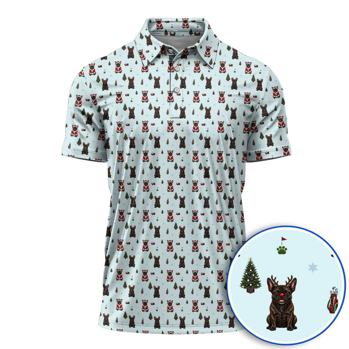 Reindeer French Bulldog Christmas Golf Polos, Festive Dog Holiday Pattern Golf Shirt, Xmas Golf Gift for Golfers