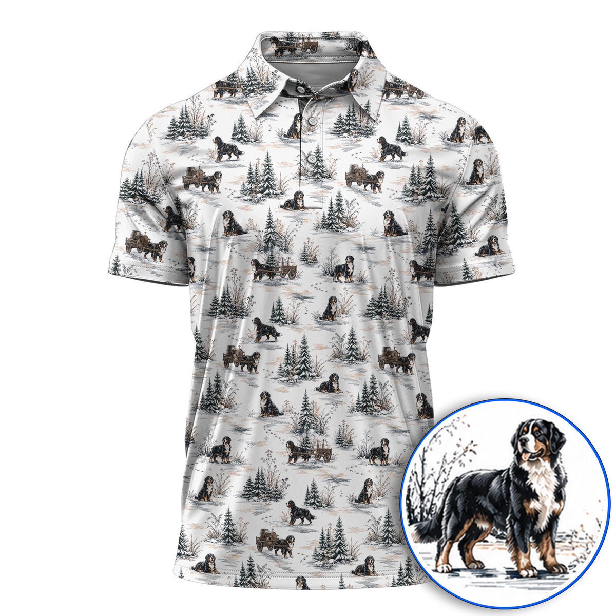 Bernese Mountain Pattern Golf Polos, Snowy Bernese Dog Golf Shirt, Dog Lover Golf Gift